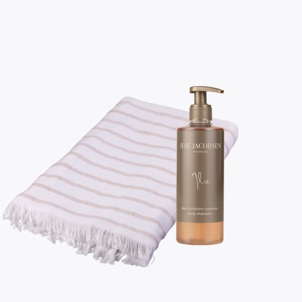 Hammam towel sand beige striped with sea buckthorn body shampoo