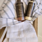 Hammam towel blue white striped. Wash cloth white. Sea buckthorn body shampoo and hand & body lotion